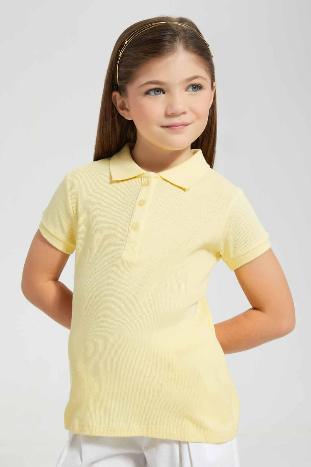 Redtag-Yellow-Drop-Needle-Polo-Tee-Category:T-Shirts,-Colour:Yellow,-Filter:Girls-(2-to-8-Yrs),-GIR-T-Shirts,-New-In,-New-In-GIR-APL,-Non-Sale,-S22B,-Section:Kidswear,-TBL-Girls-