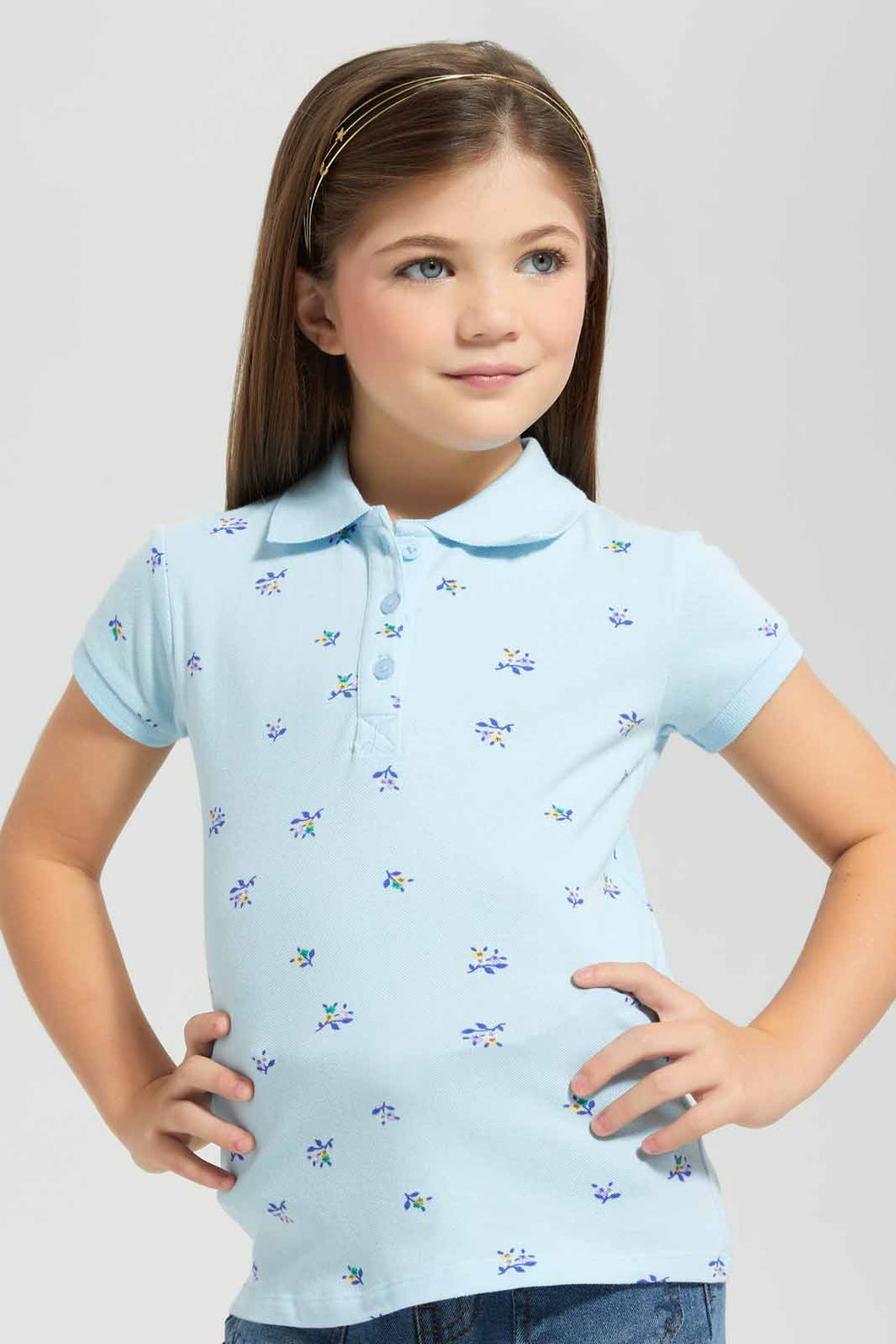Redtag-Blue-Aop-Polo-Tee-Category:T-Shirts,-Colour:Blue,-Filter:Girls-(2-to-8-Yrs),-GIR-T-Shirts,-New-In,-New-In-GIR-APL,-Non-Sale,-S22B,-Section:Kidswear,-TBL-Girls-