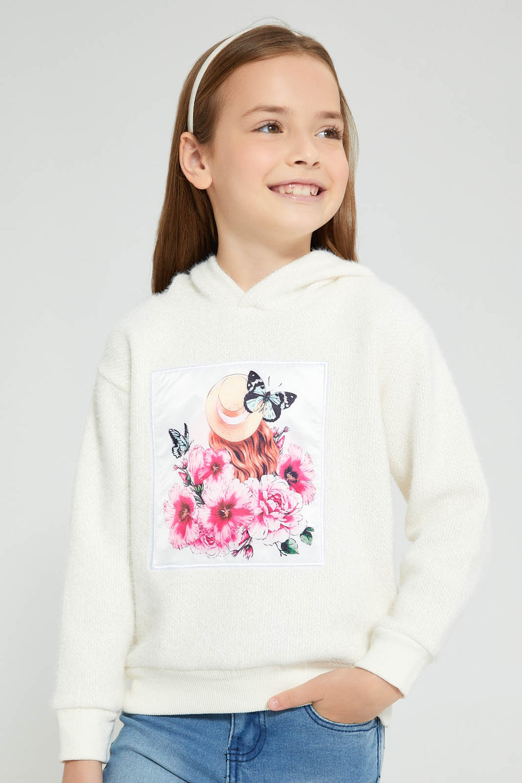 Redtag-Cream-Fur-Hooded-Sweatshirt-Sweatshirts-Girls-2 to 8 Years