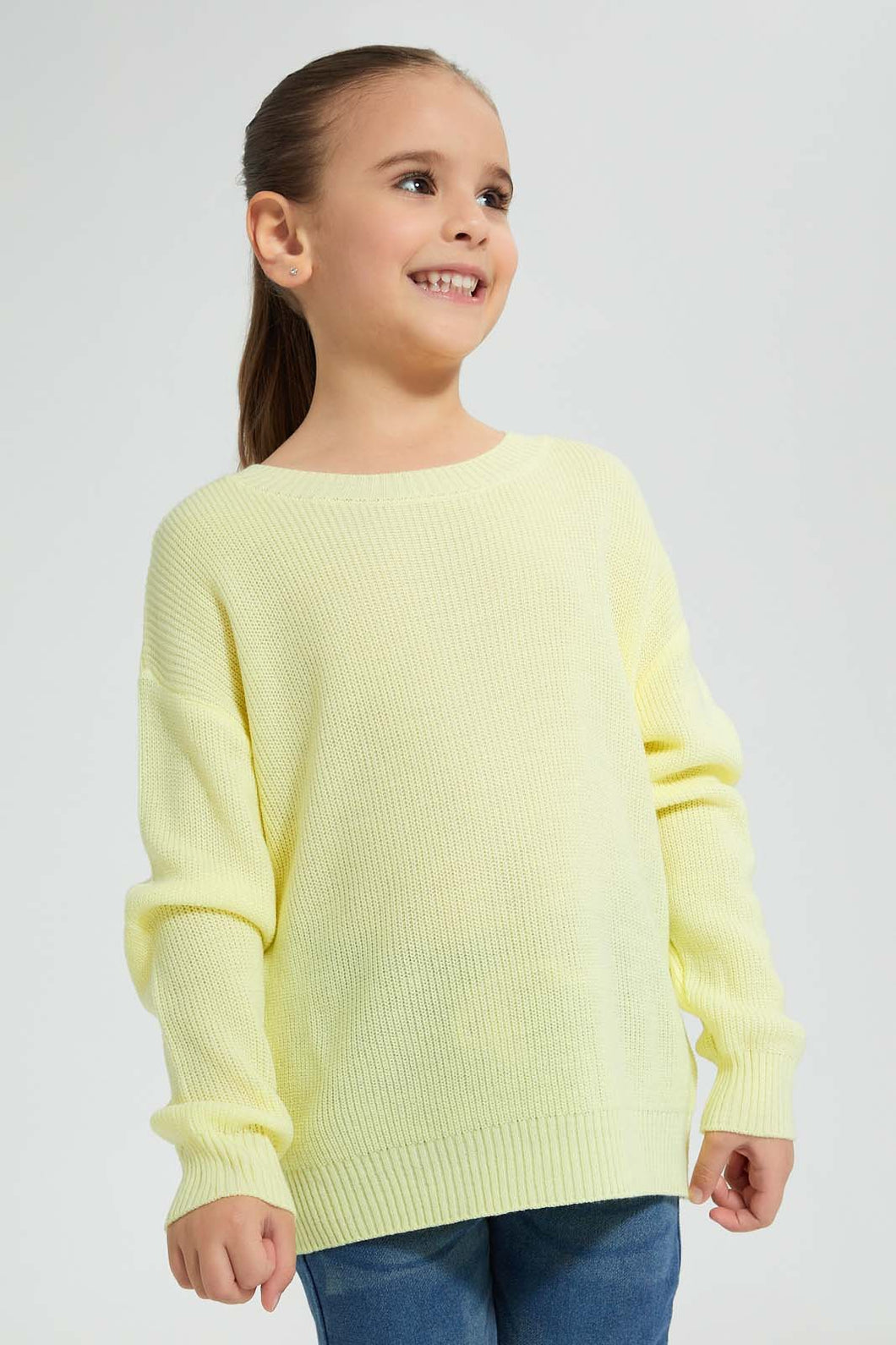 Redtag-Yellow-Crew-Neck-Pullover-Pullovers-Girls-2 to 8 Years