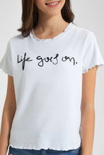 Load image into Gallery viewer, Redtag-White-Life-Goes-On-Ruffled-T-Shirt-Cropped-Tops-Senior-Girls-9 to 14 Years
