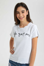 Load image into Gallery viewer, Redtag-White-Life-Goes-On-Ruffled-T-Shirt-Cropped-Tops-Senior-Girls-9 to 14 Years
