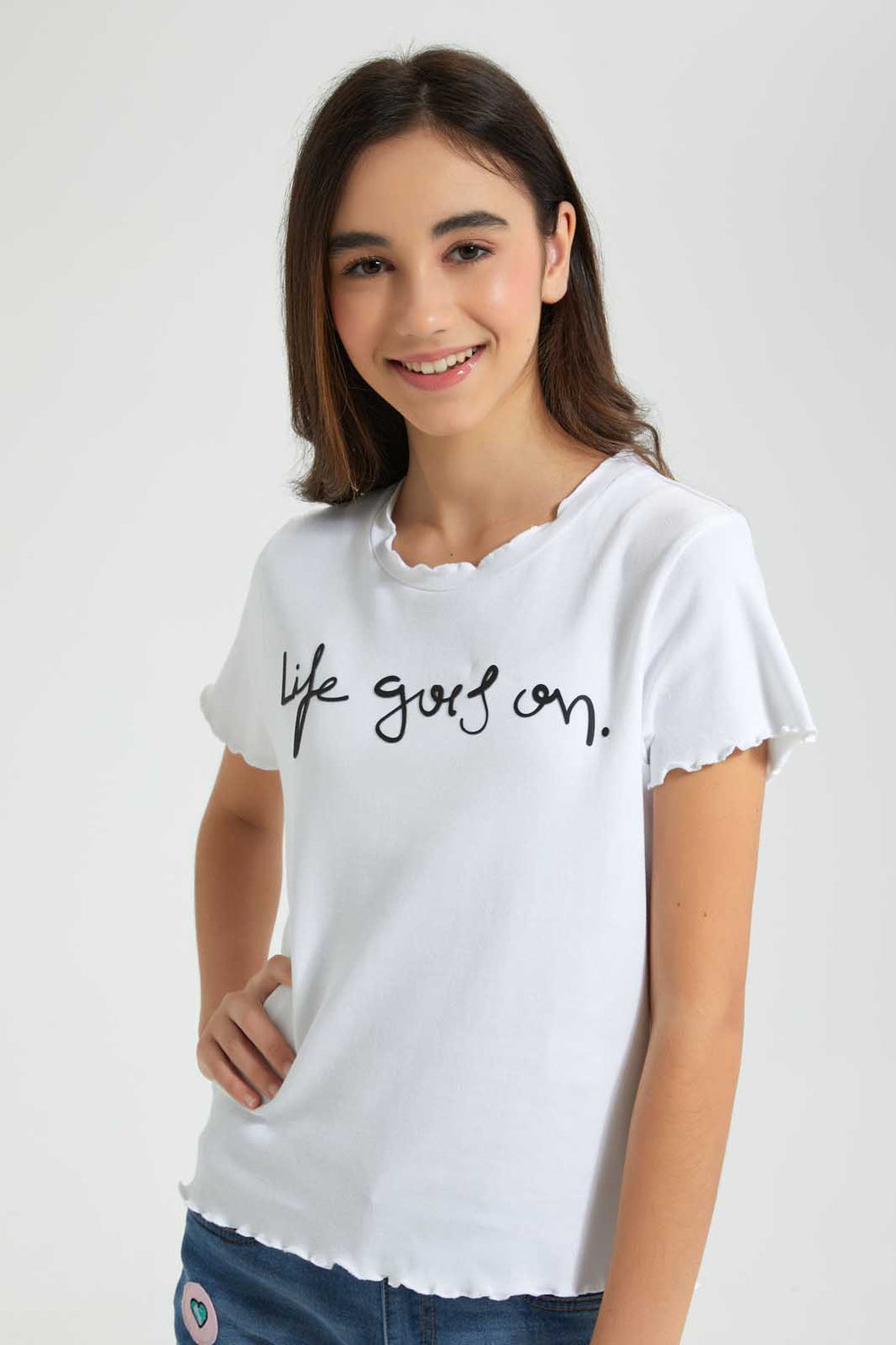 Redtag-White-Life-Goes-On-Ruffled-T-Shirt-Cropped-Tops-Senior-Girls-9 to 14 Years