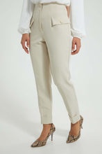 Load image into Gallery viewer, Redtag-Cream-Slim-Leg-Tailored-Trousers-With-Button-Detail-On-Waist-And-Pocket-Flaps-Trousers-Women&#39;s-
