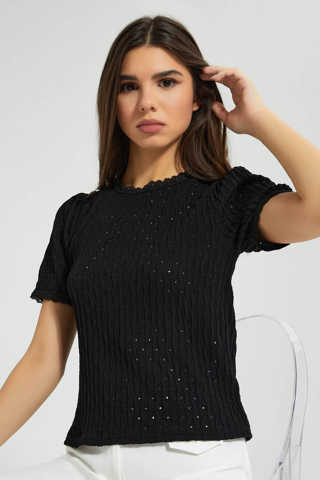 Redtag-Black-Textured-Top-Tops-Women's-