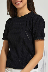 Redtag-Black-Textured-Top-Tops-Women's-