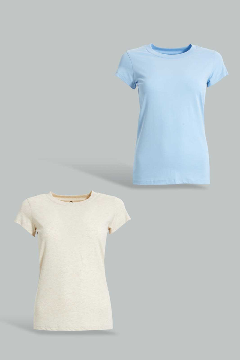 Redtag-Lt-Blue/Beige-2Pcs-Pack-Top-Tops-Senior-Girls-9 to 14 Years
