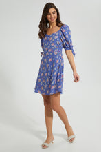 Load image into Gallery viewer, Redtag-Blue-Floral-Peasant-Style-Short-Dress-Dresses-Women&#39;s-
