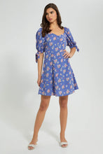 Load image into Gallery viewer, Redtag-Blue-Floral-Peasant-Style-Short-Dress-Dresses-Women&#39;s-
