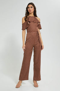 Redtag-Brown-Dotted-Ruffled-Jumpsuit-Dresses-Women's-