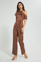 تنزيل الصورة على معرض الصور، Redtag-Brown-Dotted-Ruffled-Jumpsuit-Dresses-Women&#39;s-
