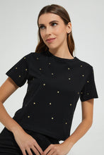 تنزيل الصورة على معرض الصور، Redtag-Black-Shortsleeve-Crop-Top-With-Studs-All-Over-Graphic-Prints-Women&#39;s-
