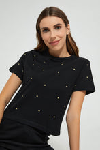 تنزيل الصورة على معرض الصور، Redtag-Black-Shortsleeve-Crop-Top-With-Studs-All-Over-Graphic-Prints-Women&#39;s-
