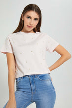 تنزيل الصورة على معرض الصور، Redtag-Pink-Shortsleeve-Crop-Top-With-Studs-All-Over-Graphic-Prints-Women&#39;s-
