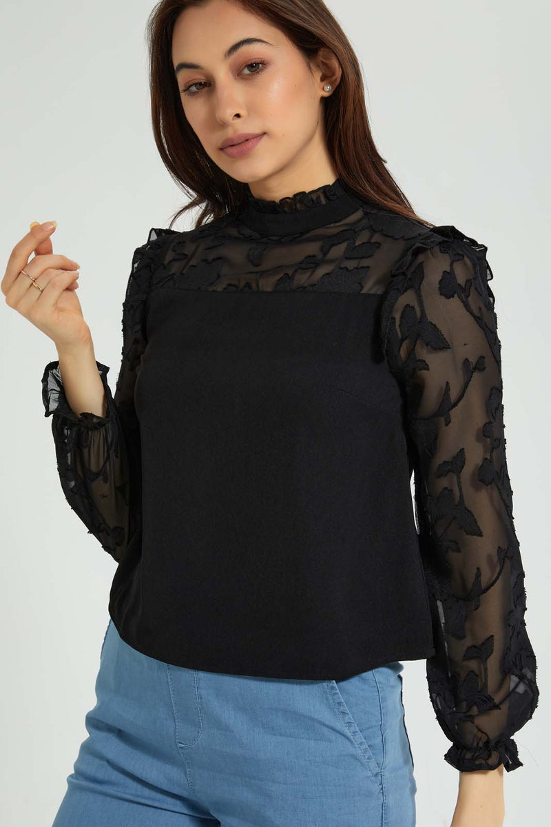 Redtag-White-Jacquard-Yoke-&-Sleeve-Detail-Blouse-Blouses-Women's-