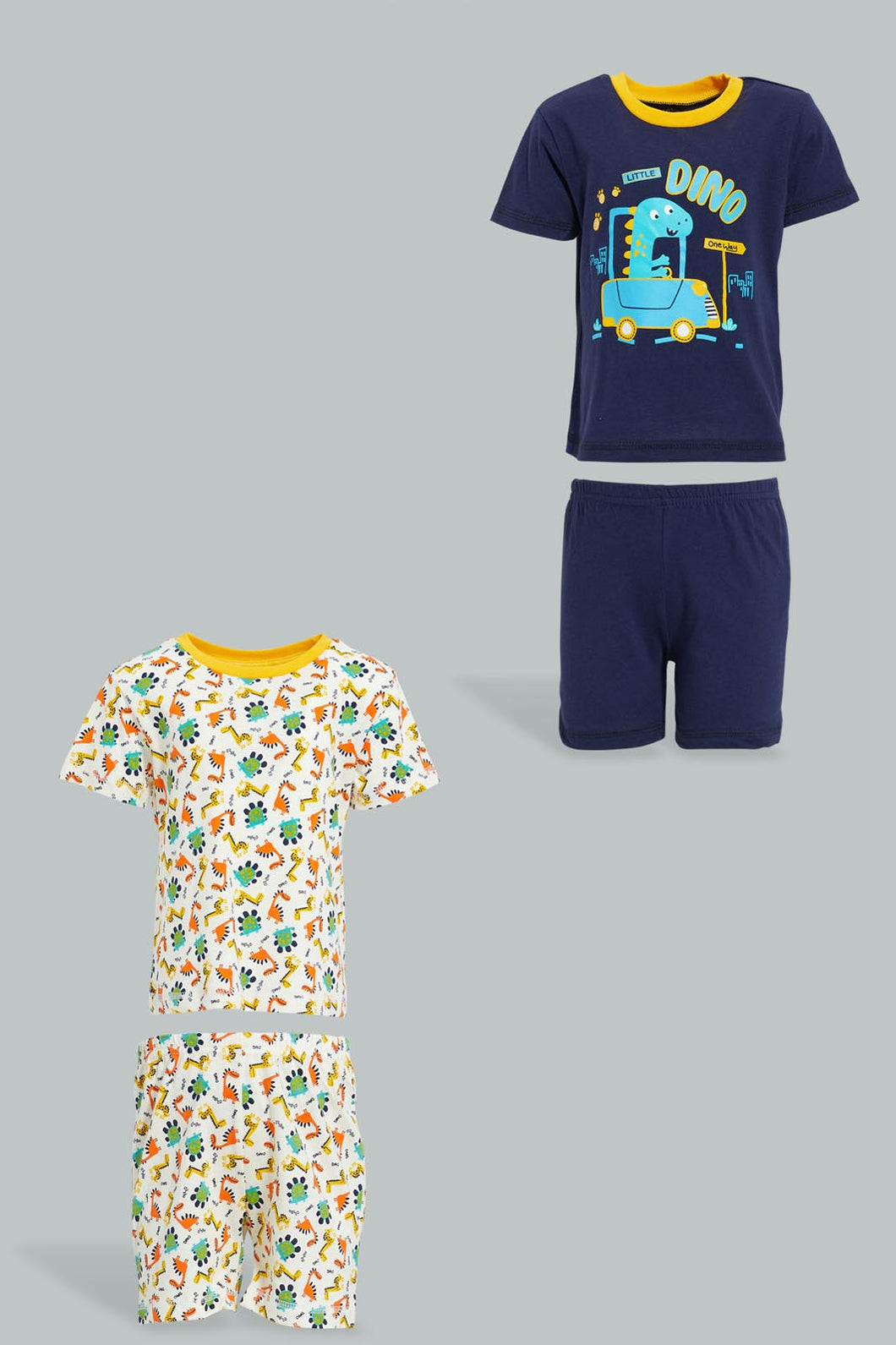 Redtag-Navy-And-Ecru-Car-Printed-Pj-Set-Top-Bottom-Shorts-(4-Pack)-Colour:Navy,-Filter:Infant-Boys-(3-to-24-Mths),-Infant-Boys-Pyjama-Sets,-New-In,-New-In-INB,-Non-Sale,-S22B,-Section:Kidswear-Infant-Boys-3 to 24 Months