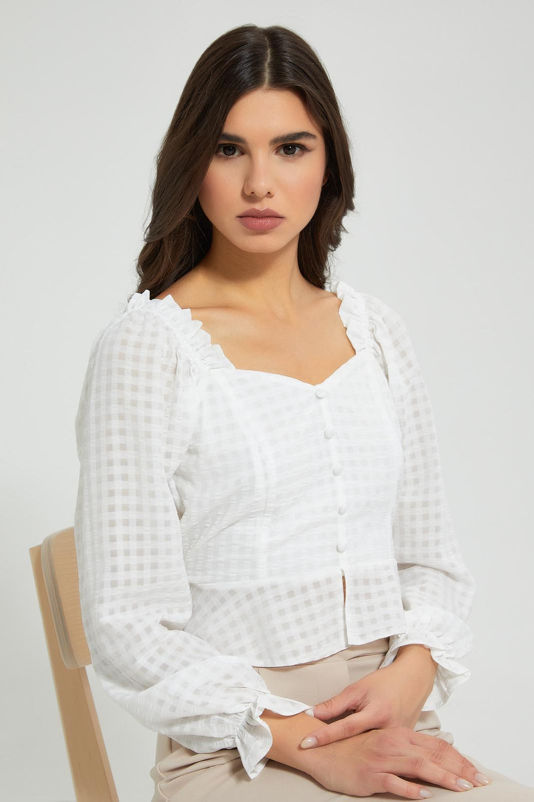 Redtag-White-Check-Peplum-Blouse-Blouses-Women's-