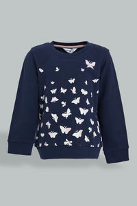 Redtag-Navy-Butterfly-Printed-Sweat-Top-With-Printed-Legging-Jog-Sets-Infant-Girls-3 to 24 Months