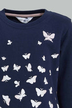 تنزيل الصورة على معرض الصور، Redtag-Navy-Butterfly-Printed-Sweat-Top-With-Printed-Legging-Jog-Sets-Infant-Girls-3 to 24 Months
