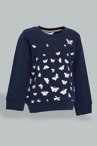 Redtag-Navy-Butterfly-Printed-Sweat-Top-With-Printed-Legging-Jog-Sets-Infant-Girls-3 to 24 Months