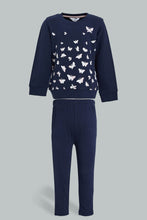 تنزيل الصورة على معرض الصور، Redtag-Navy-Butterfly-Printed-Sweat-Top-With-Printed-Legging-Jog-Sets-Infant-Girls-3 to 24 Months
