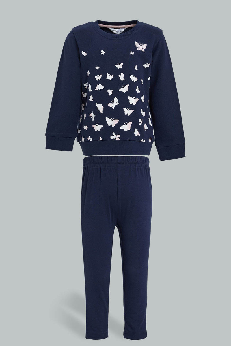 Redtag-Navy-Butterfly-Printed-Sweat-Top-With-Printed-Legging-Jog-Sets-Infant-Girls-3 to 24 Months