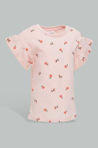 Redtag-Floral-Aop-Ruffle-Sleeves-T-Shirt-All-Over-Prints-Infant-Girls-3 to 24 Months