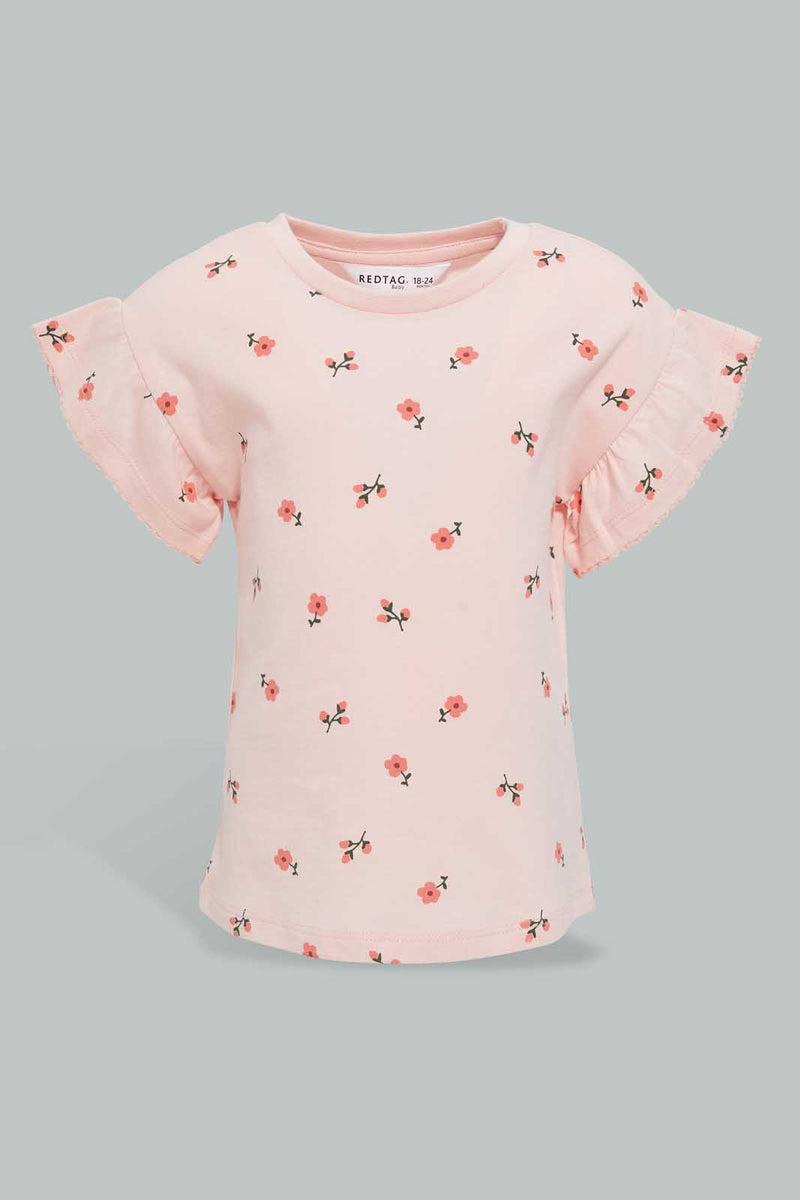 Redtag-Floral-Aop-Ruffle-Sleeves-T-Shirt-All-Over-Prints-Infant-Girls-3 to 24 Months