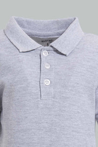 Redtag-Grey-Melange-Tipping-Color-Pique-Short-Sleeve-Polo-Polo-Shirts-Infant-Boys-3 to 24 Months