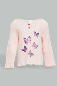 Redtag-Pink-T-Shirt-With-Placement-Print-And-Navy-Solid-Legging-Sets-Infant-Girls-3 to 24 Months