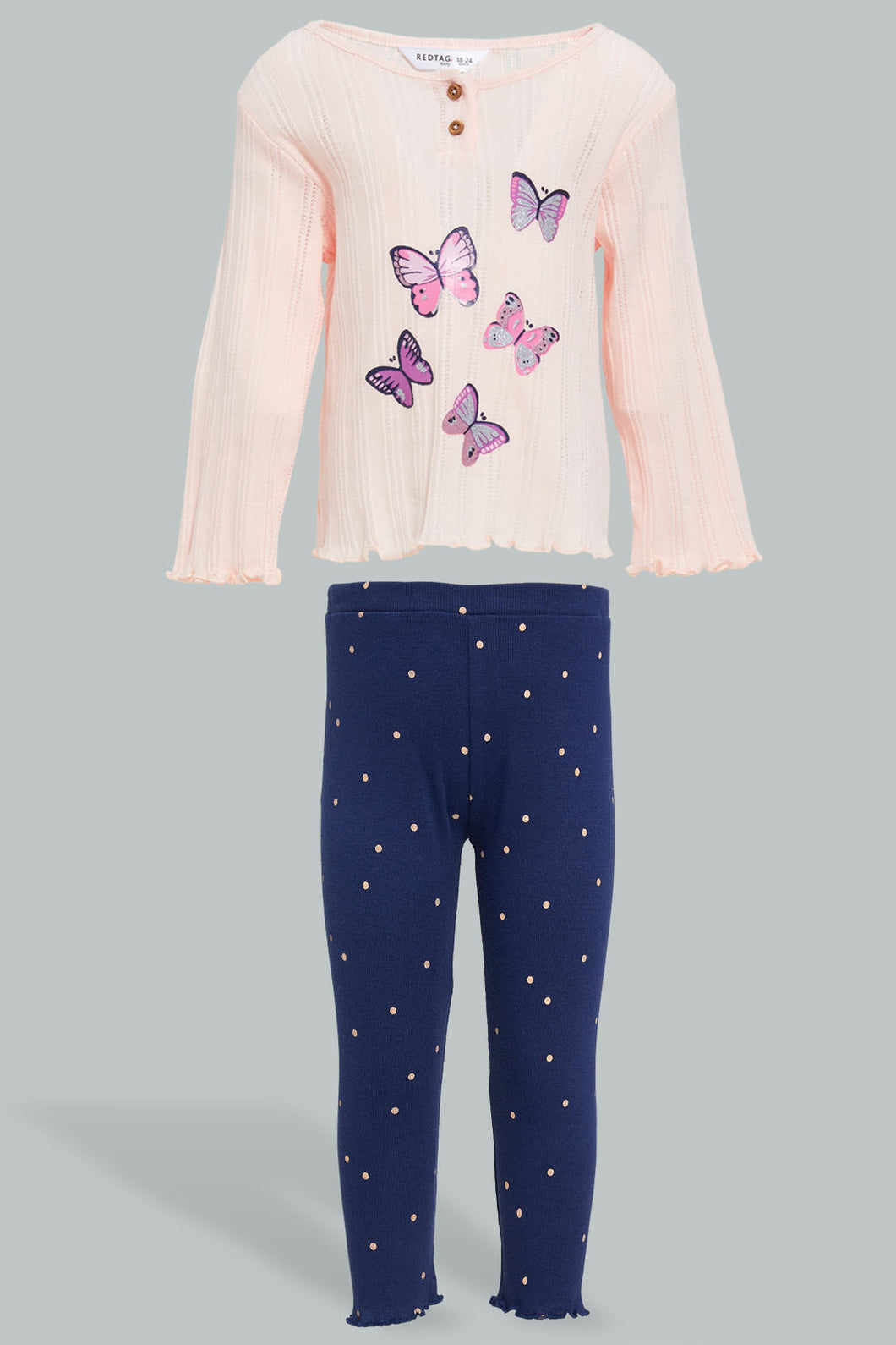 Redtag-Pink-T-Shirt-With-Placement-Print-And-Navy-Solid-Legging-Sets-Infant-Girls-3 to 24 Months