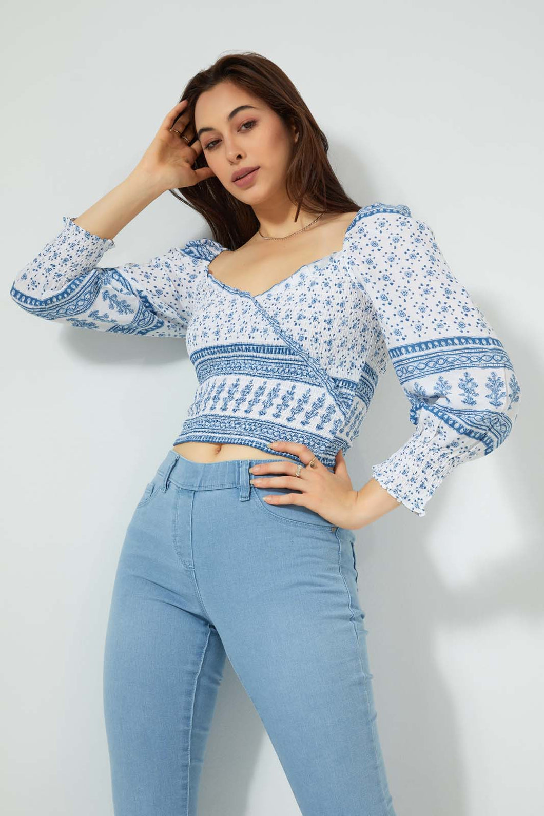 Redtag-Blue-Ditsy-Floral-Print-Wrap-Blouse-Blouses-Women's-