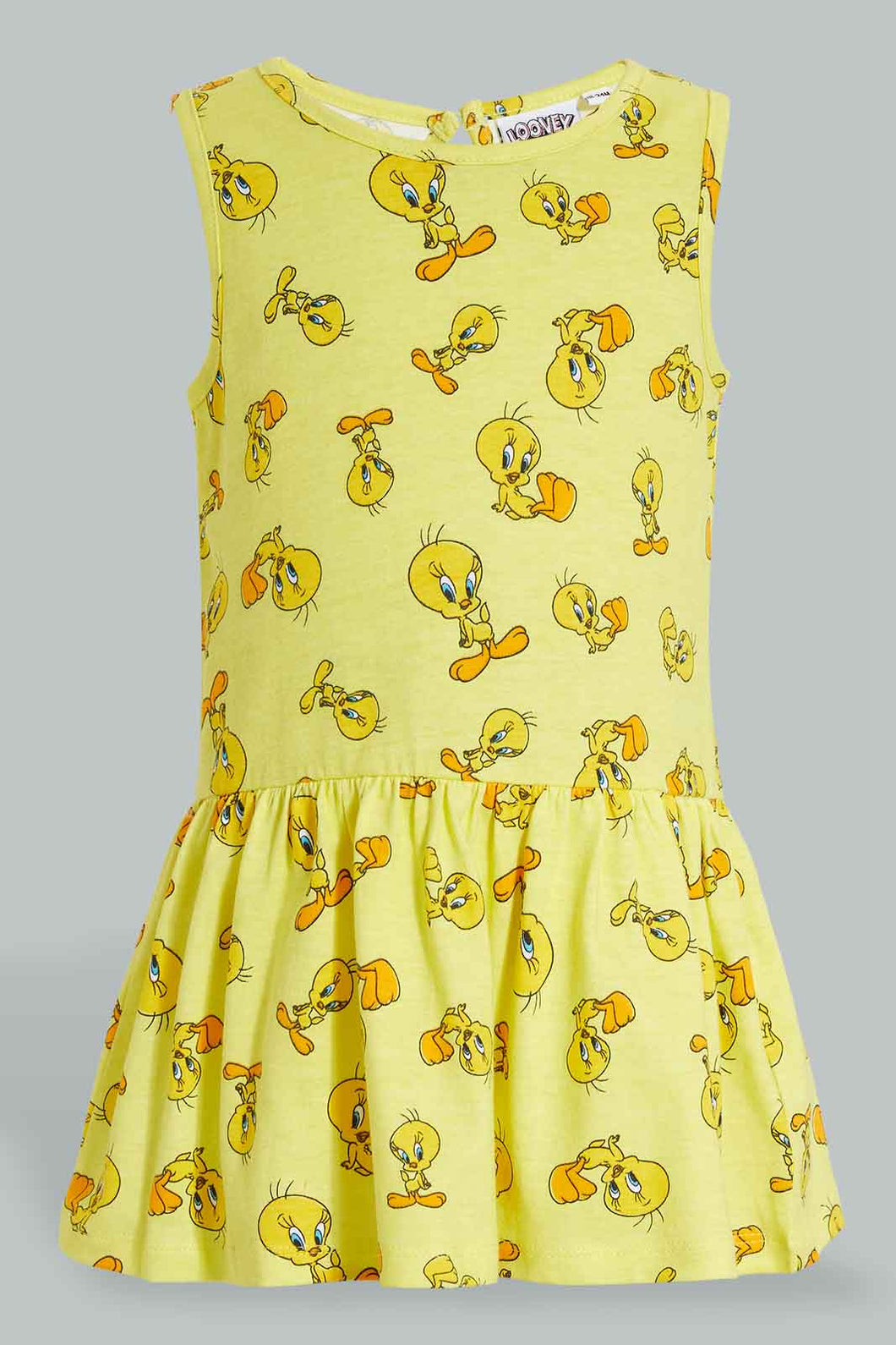 Redtag-Yellow-Tweety-Printed-S/L-Dress-Dresses-Infant-Girls-3 to 24 Months