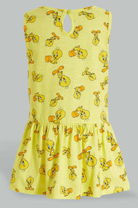 Redtag-Yellow-Tweety-Printed-S/L-Dress-Dresses-Infant-Girls-3 to 24 Months