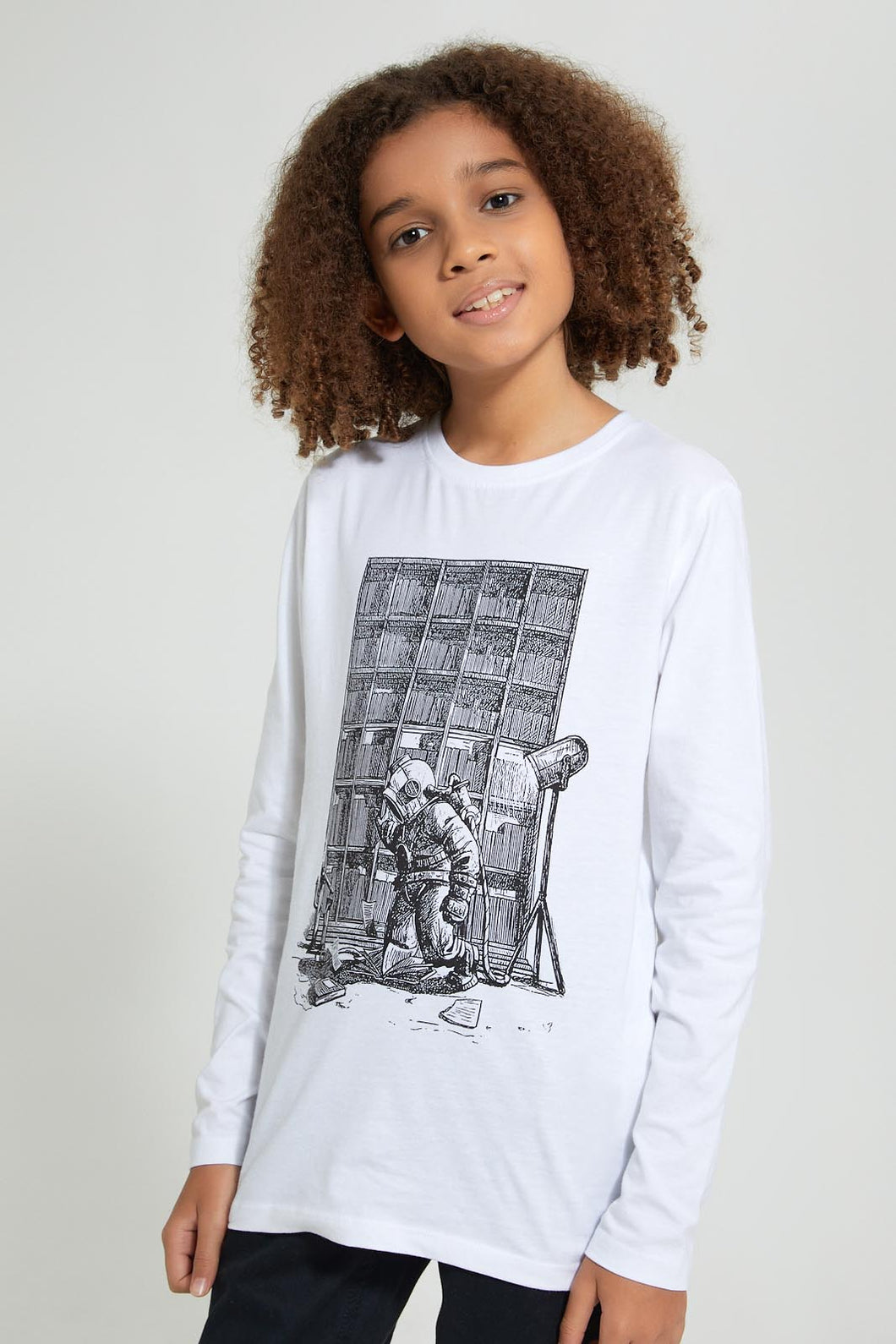 Redtag-White-Diver-Books-T-Shirt-Long-Sleeves-Senior-Boys-9 to 14 Years