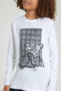 Redtag-White-Diver-Books-T-Shirt-Long-Sleeves-Senior-Boys-9 to 14 Years