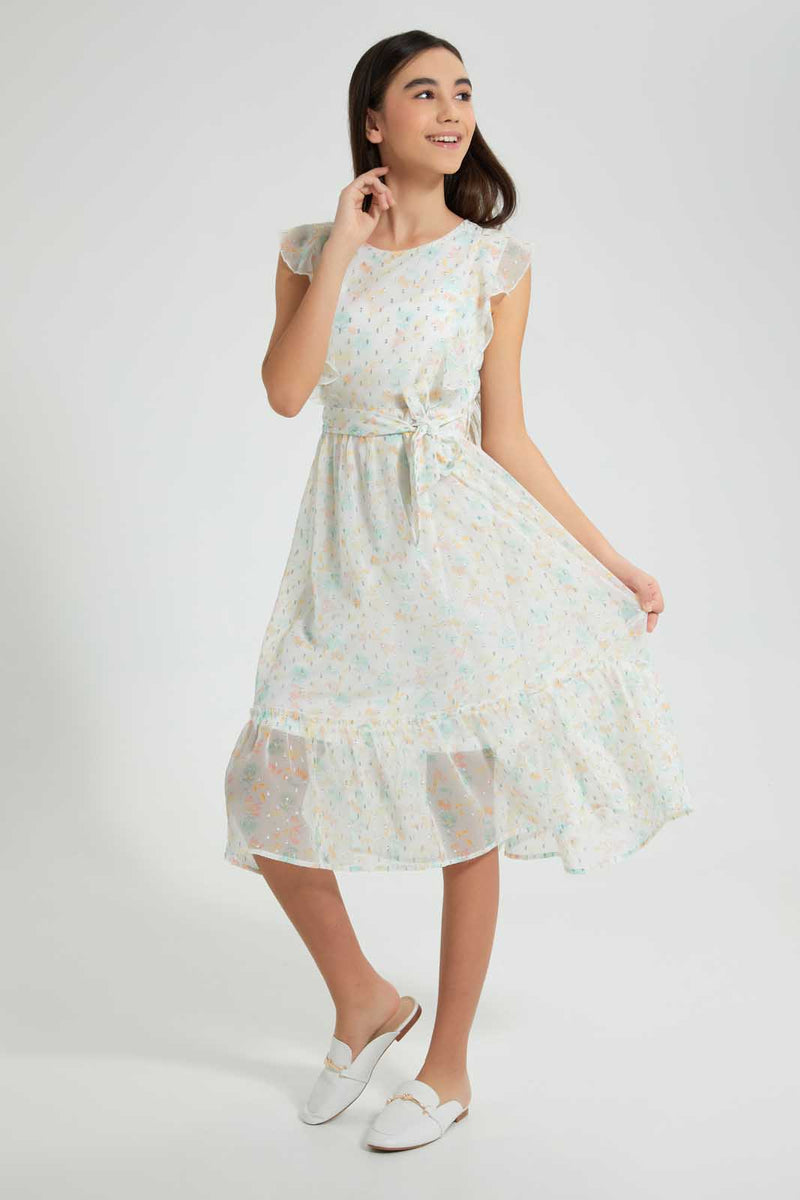 Redtag-White/Yellow-Floral-Dress-Dresses-Senior-Girls-9 to 14 Years