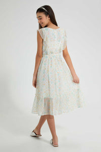 Redtag-White/Yellow-Floral-Dress-Dresses-Senior-Girls-9 to 14 Years