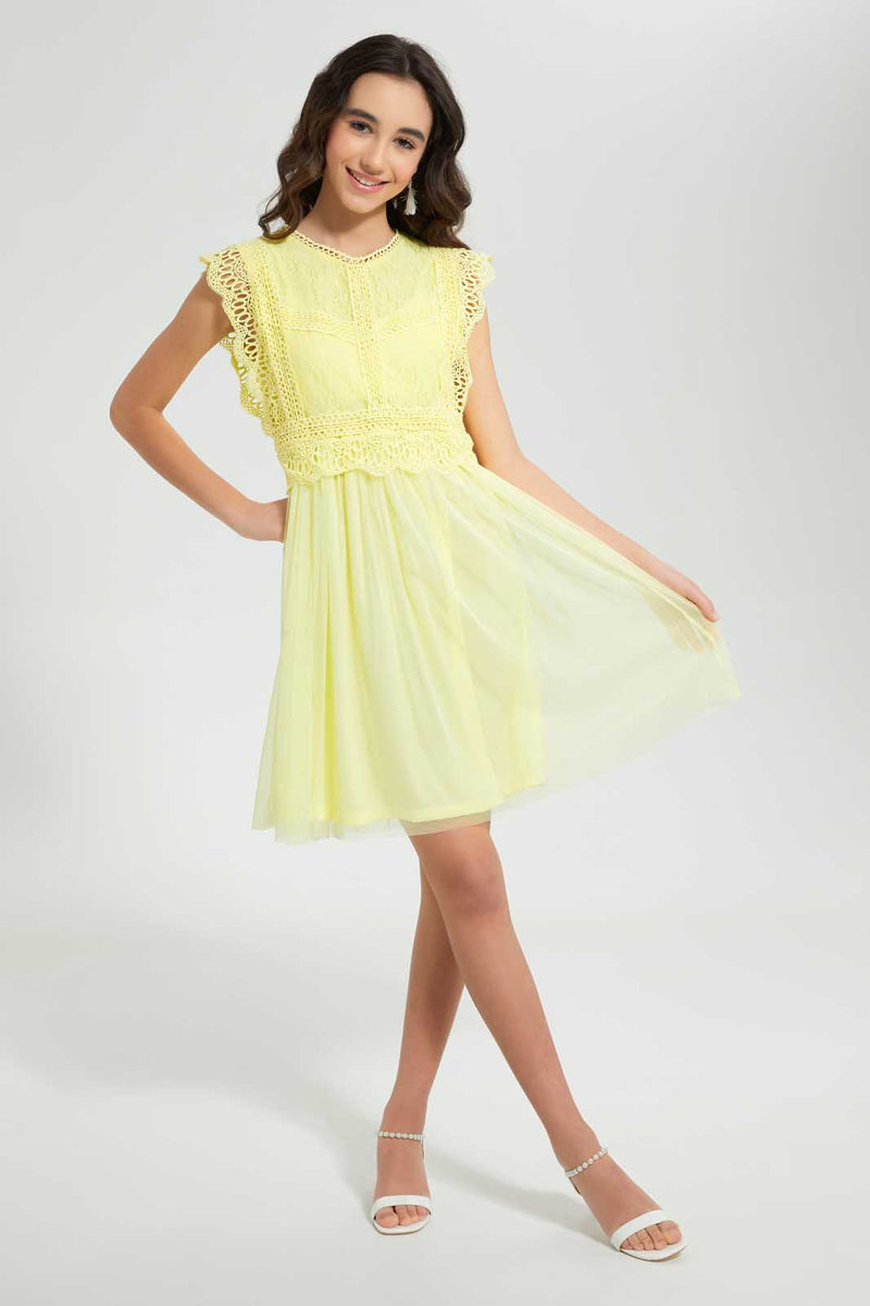 Redtag-Yellow-Lace-Dresses-Dresses-Senior-Girls-9 to 14 Years
