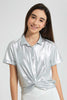 Redtag-Silver-Coated-Front-Tie-Collared-Top-Blouses-Senior-Girls-9 to 14 Years