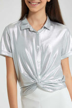 Load image into Gallery viewer, Redtag-Silver-Coated-Front-Tie-Collared-Top-Blouses-Senior-Girls-9 to 14 Years
