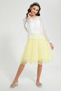 Redtag-White/Silver-Lurex-Ruffled-Front-Blouse-Blouses-Senior-Girls-9 to 14 Years