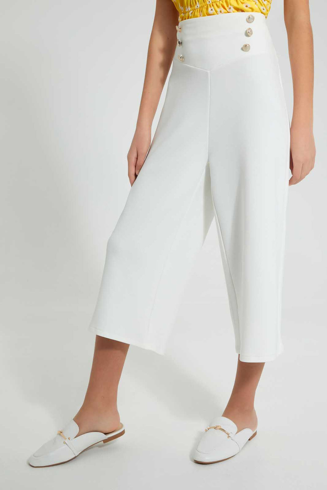 Redtag-White-Highwaist-Culottes-With-Front-Buttons-Cargo-Pants-Senior-Girls-9 to 14 Years