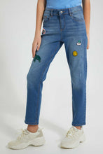 Load image into Gallery viewer, Redtag-Dk-Wash-Mom&#39;S-Fit-Jean-With-Badges-Jeans-Baggy-Fit-Senior-Girls-9 to 14 Years
