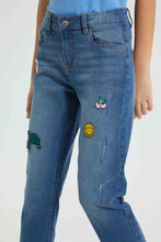 Load image into Gallery viewer, Redtag-Dk-Wash-Mom&#39;S-Fit-Jean-With-Badges-Jeans-Baggy-Fit-Senior-Girls-9 to 14 Years
