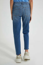 Load image into Gallery viewer, Redtag-Dk-Wash-Mom&#39;S-Fit-Jean-With-Badges-Jeans-Baggy-Fit-Senior-Girls-9 to 14 Years
