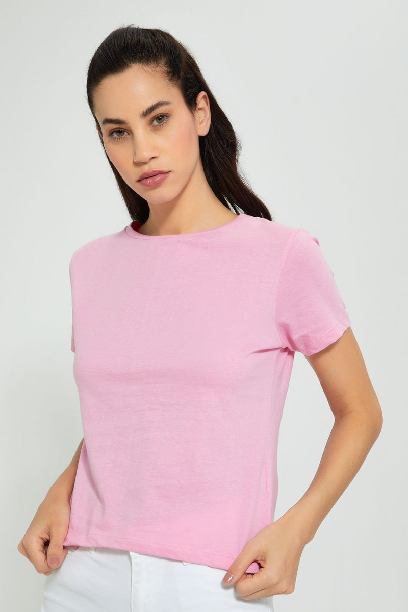 Redtag-Fuchsia--Plain-Short--Sleeve--Crew-Neck-T-Shirt-Active-Tees-Women's-