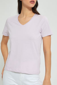 Redtag-Lilac--Plain-Short--Sleeve--V-Neck-T-Shirt-Active-Tees-Women's-