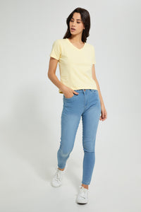 Redtag-Lemon--Plain-Short--Sleeve--V-Neck-T-Shirt-Active-Tees-Women's-