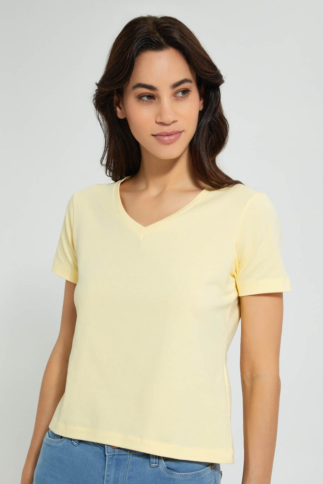 Redtag-Lemon--Plain-Short--Sleeve--V-Neck-T-Shirt-Active-Tees-Women's-